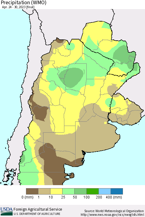 Southern South America Precipitation (WMO) Thematic Map For 4/24/2023 - 4/30/2023