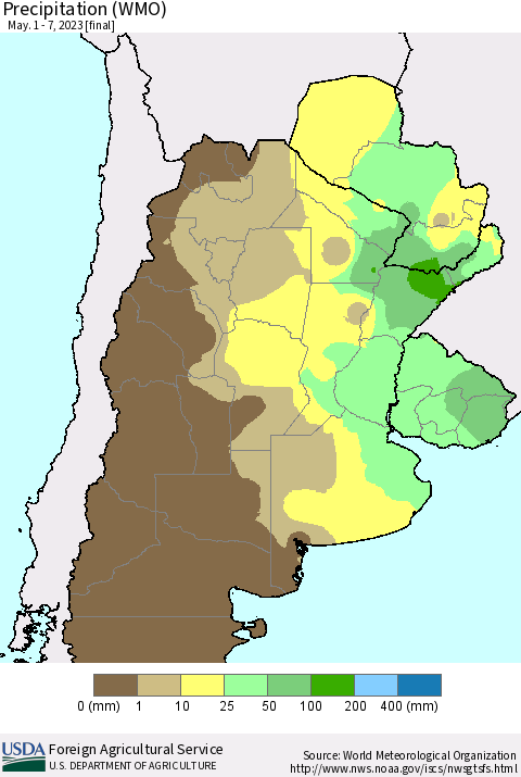 Southern South America Precipitation (WMO) Thematic Map For 5/1/2023 - 5/7/2023