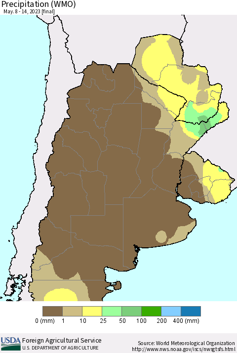 Southern South America Precipitation (WMO) Thematic Map For 5/8/2023 - 5/14/2023