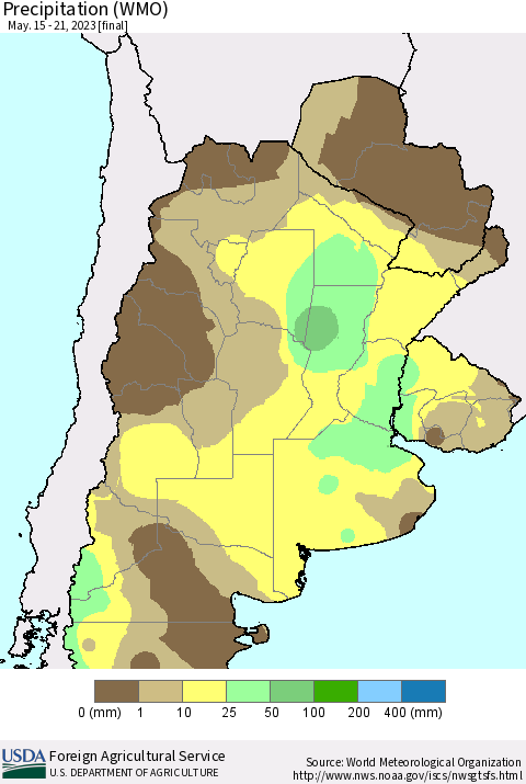 Southern South America Precipitation (WMO) Thematic Map For 5/15/2023 - 5/21/2023