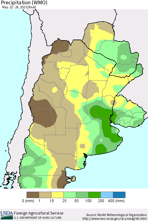 Southern South America Precipitation (WMO) Thematic Map For 5/22/2023 - 5/28/2023