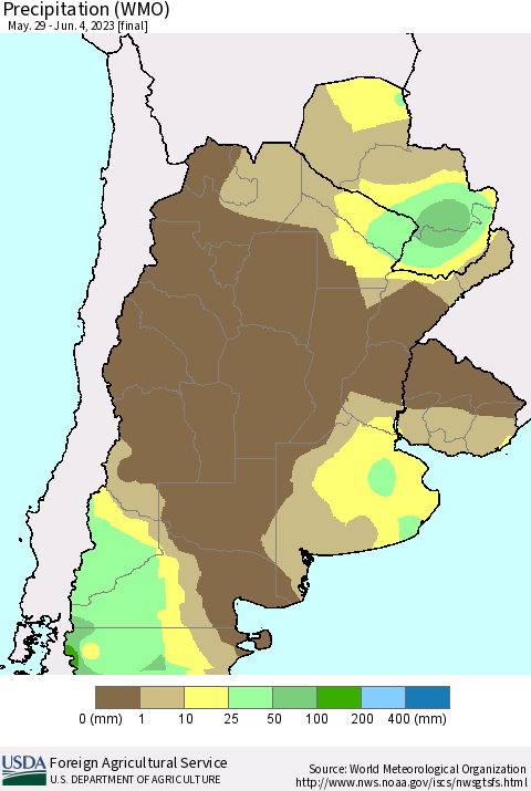 Southern South America Precipitation (WMO) Thematic Map For 5/29/2023 - 6/4/2023
