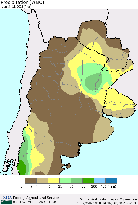 Southern South America Precipitation (WMO) Thematic Map For 6/5/2023 - 6/11/2023