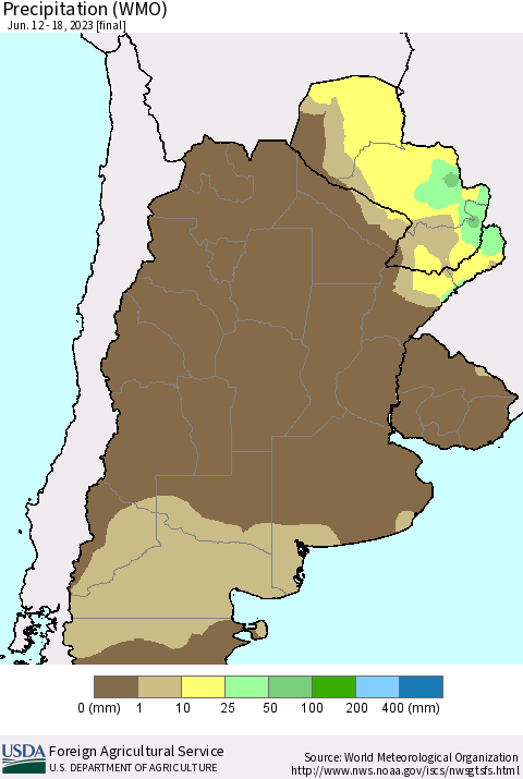 Southern South America Precipitation (WMO) Thematic Map For 6/12/2023 - 6/18/2023