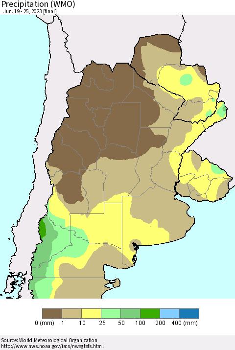 Southern South America Precipitation (WMO) Thematic Map For 6/19/2023 - 6/25/2023