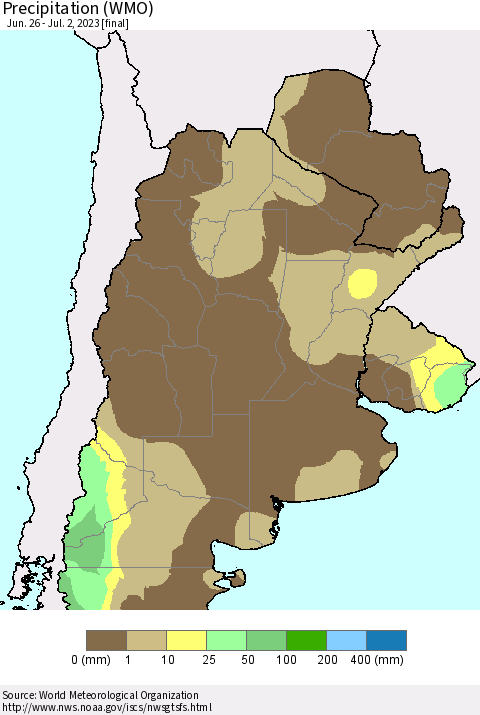 Southern South America Precipitation (WMO) Thematic Map For 6/26/2023 - 7/2/2023