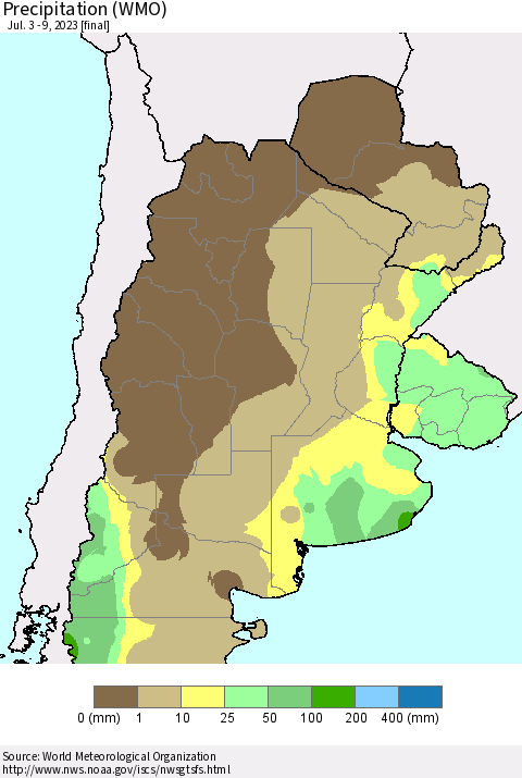 Southern South America Precipitation (WMO) Thematic Map For 7/3/2023 - 7/9/2023