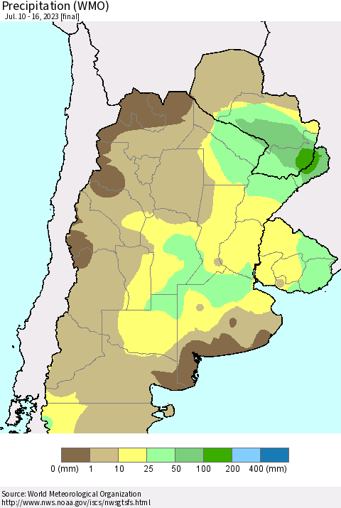 Southern South America Precipitation (WMO) Thematic Map For 7/10/2023 - 7/16/2023
