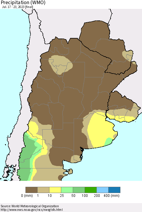 Southern South America Precipitation (WMO) Thematic Map For 7/17/2023 - 7/23/2023