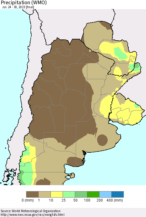 Southern South America Precipitation (WMO) Thematic Map For 7/24/2023 - 7/30/2023