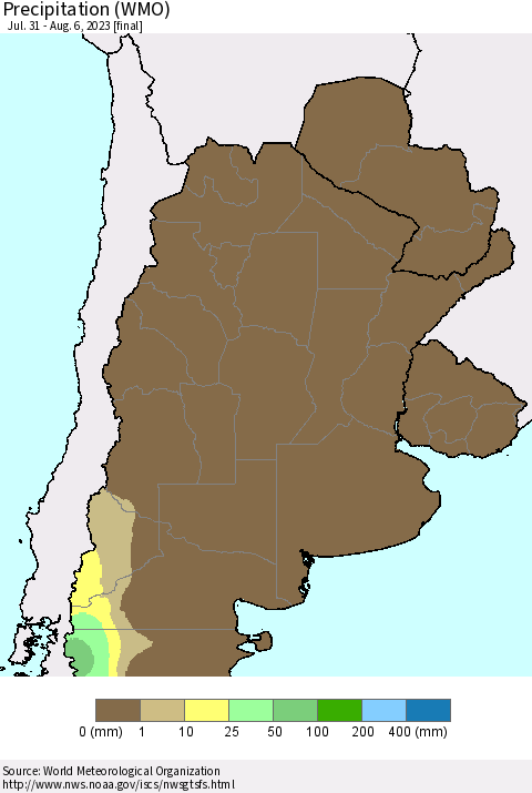 Southern South America Precipitation (WMO) Thematic Map For 7/31/2023 - 8/6/2023
