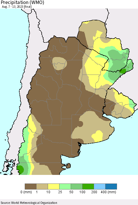 Southern South America Precipitation (WMO) Thematic Map For 8/7/2023 - 8/13/2023