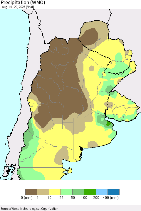 Southern South America Precipitation (WMO) Thematic Map For 8/14/2023 - 8/20/2023