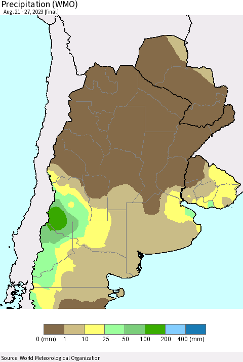 Southern South America Precipitation (WMO) Thematic Map For 8/21/2023 - 8/27/2023
