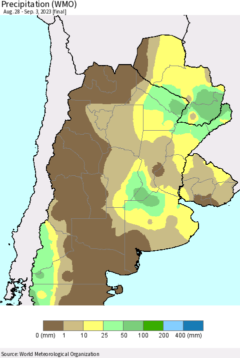 Southern South America Precipitation (WMO) Thematic Map For 8/28/2023 - 9/3/2023