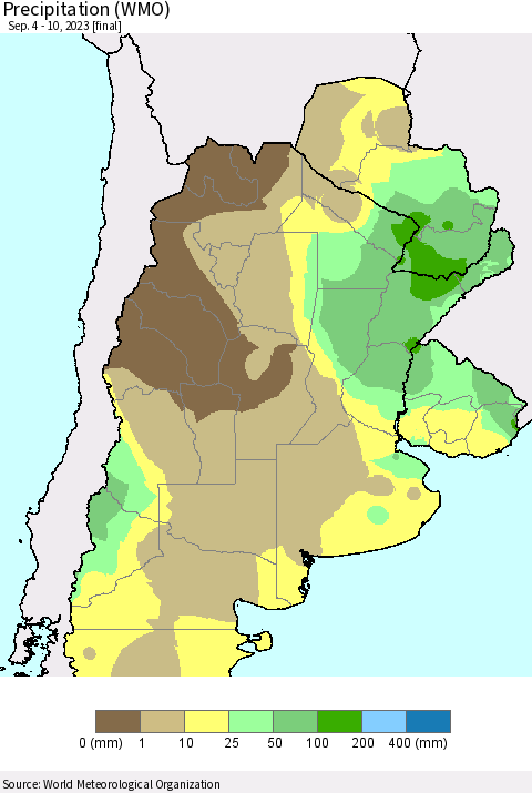 Southern South America Precipitation (WMO) Thematic Map For 9/4/2023 - 9/10/2023
