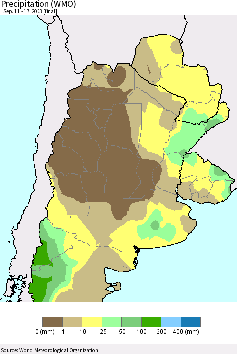 Southern South America Precipitation (WMO) Thematic Map For 9/11/2023 - 9/17/2023