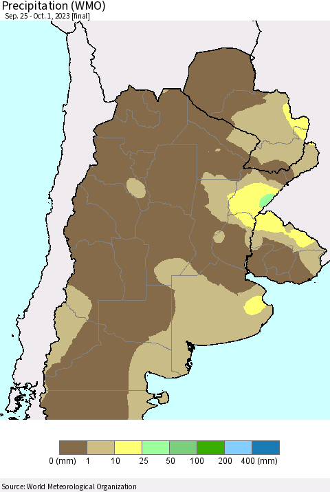Southern South America Precipitation (WMO) Thematic Map For 9/25/2023 - 10/1/2023