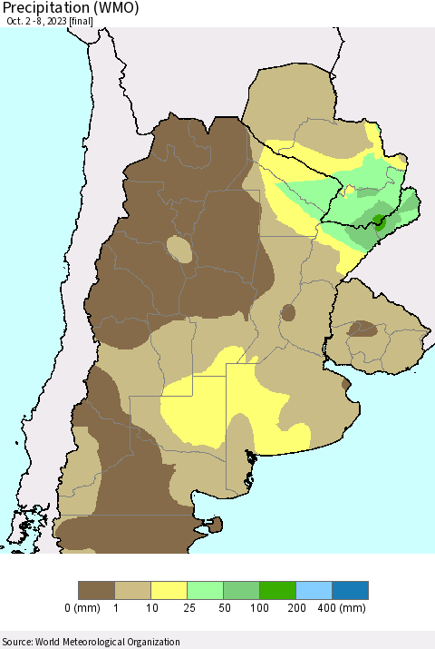 Southern South America Precipitation (WMO) Thematic Map For 10/2/2023 - 10/8/2023