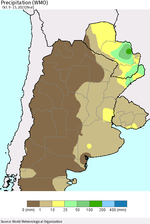 Southern South America Precipitation (WMO) Thematic Map For 10/9/2023 - 10/15/2023