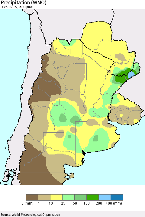 Southern South America Precipitation (WMO) Thematic Map For 10/16/2023 - 10/22/2023
