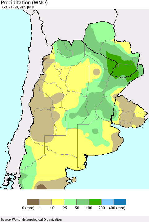 Southern South America Precipitation (WMO) Thematic Map For 10/23/2023 - 10/29/2023