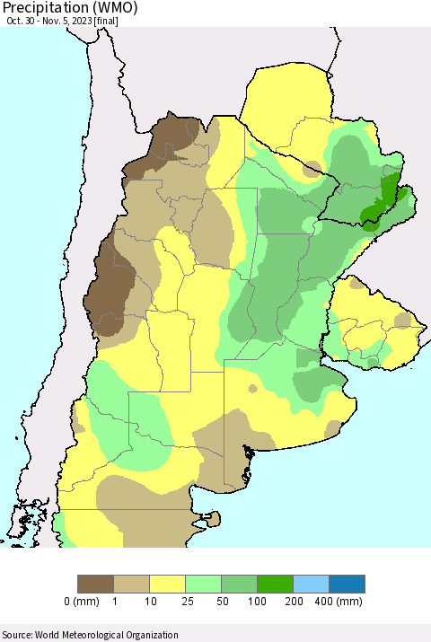 Southern South America Precipitation (WMO) Thematic Map For 10/30/2023 - 11/5/2023