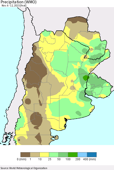 Southern South America Precipitation (WMO) Thematic Map For 11/6/2023 - 11/12/2023