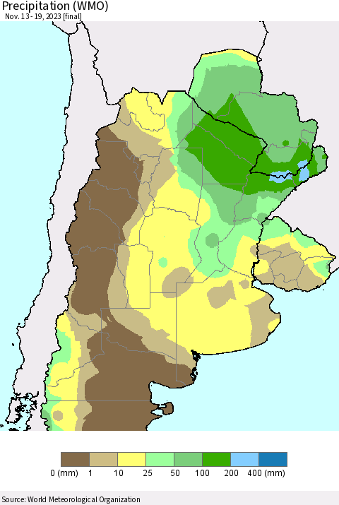 Southern South America Precipitation (WMO) Thematic Map For 11/13/2023 - 11/19/2023