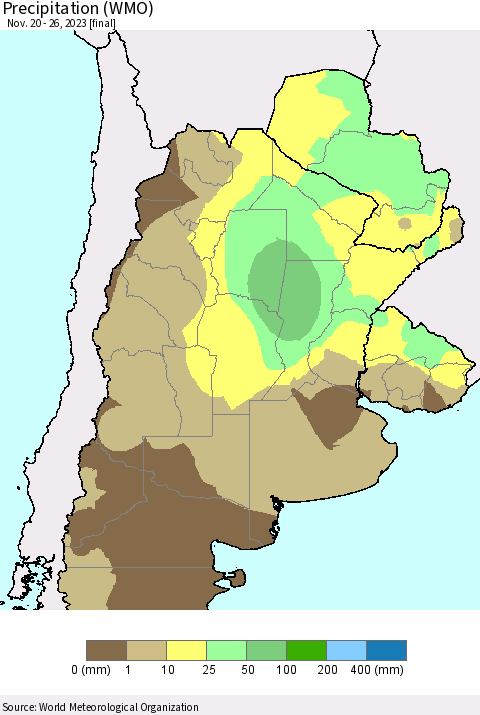 Southern South America Precipitation (WMO) Thematic Map For 11/20/2023 - 11/26/2023