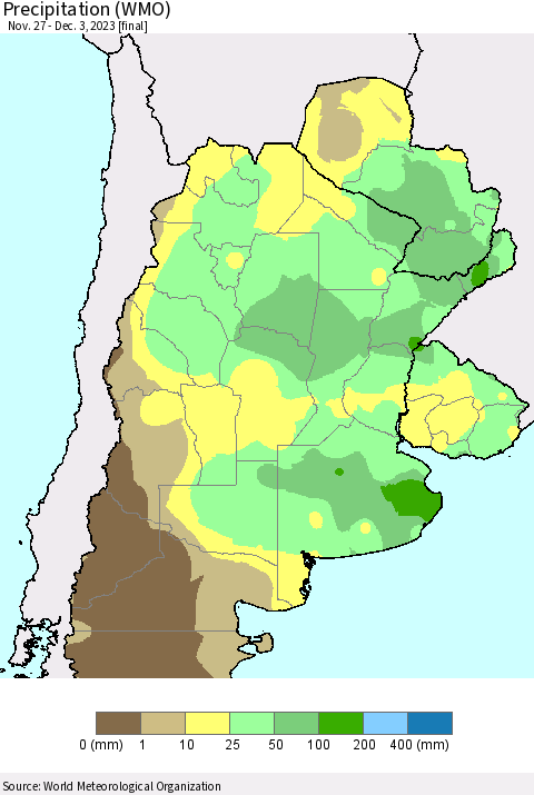 Southern South America Precipitation (WMO) Thematic Map For 11/27/2023 - 12/3/2023