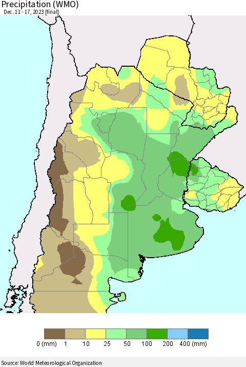 Southern South America Precipitation (WMO) Thematic Map For 12/11/2023 - 12/17/2023