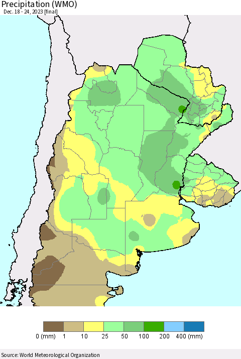Southern South America Precipitation (WMO) Thematic Map For 12/18/2023 - 12/24/2023