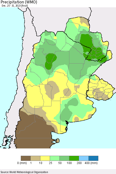 Southern South America Precipitation (WMO) Thematic Map For 12/25/2023 - 12/31/2023