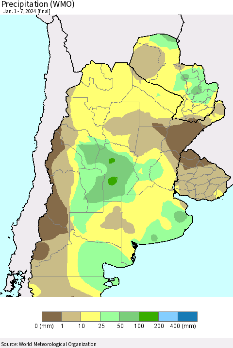 Southern South America Precipitation (WMO) Thematic Map For 1/1/2024 - 1/7/2024