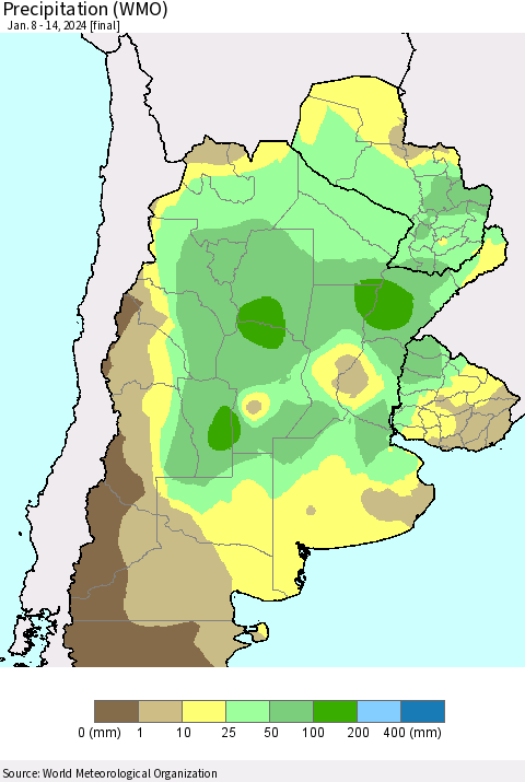 Southern South America Precipitation (WMO) Thematic Map For 1/8/2024 - 1/14/2024