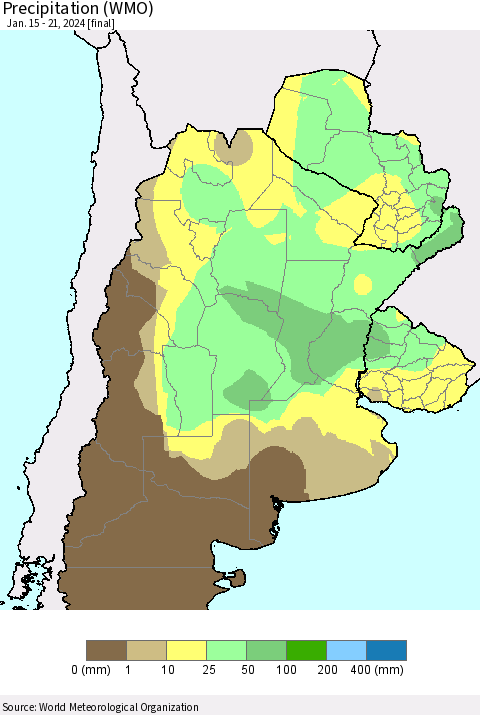 Southern South America Precipitation (WMO) Thematic Map For 1/15/2024 - 1/21/2024