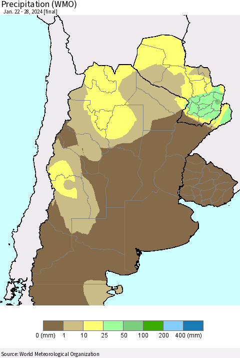 Southern South America Precipitation (WMO) Thematic Map For 1/22/2024 - 1/28/2024
