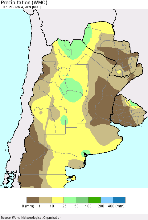 Southern South America Precipitation (WMO) Thematic Map For 1/29/2024 - 2/4/2024