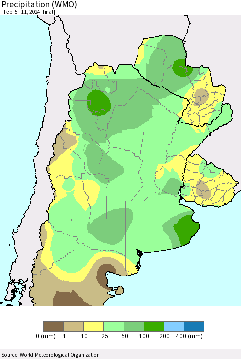 Southern South America Precipitation (WMO) Thematic Map For 2/5/2024 - 2/11/2024