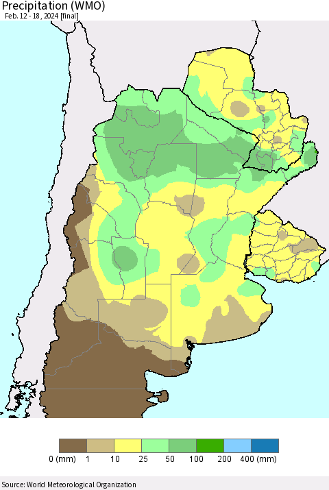 Southern South America Precipitation (WMO) Thematic Map For 2/12/2024 - 2/18/2024