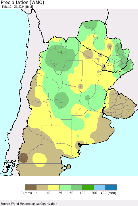 Southern South America Precipitation (WMO) Thematic Map For 2/19/2024 - 2/25/2024