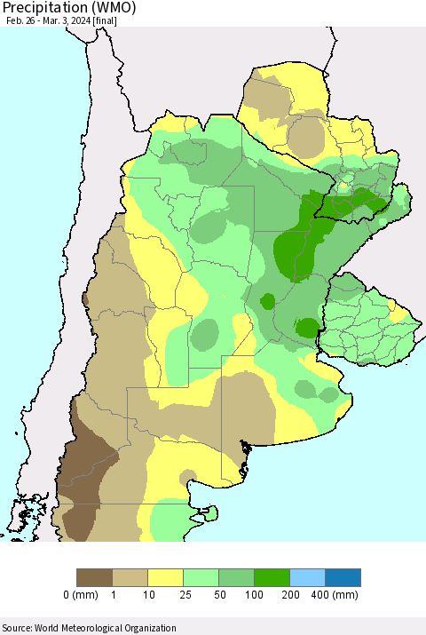 Southern South America Precipitation (WMO) Thematic Map For 2/26/2024 - 3/3/2024