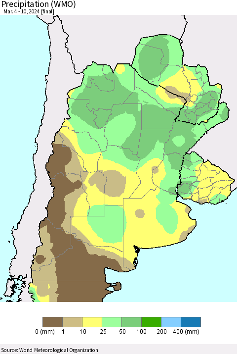 Southern South America Precipitation (WMO) Thematic Map For 3/4/2024 - 3/10/2024