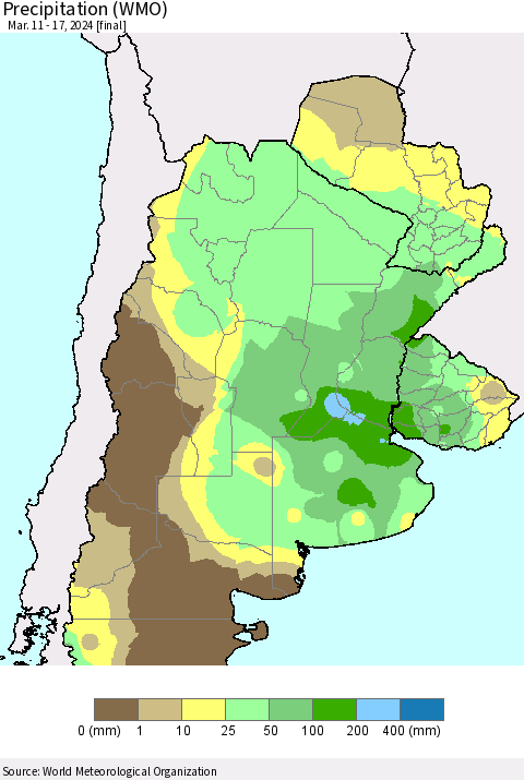 Southern South America Precipitation (WMO) Thematic Map For 3/11/2024 - 3/17/2024