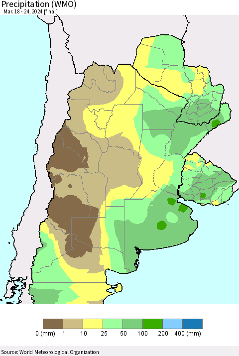 Southern South America Precipitation (WMO) Thematic Map For 3/18/2024 - 3/24/2024
