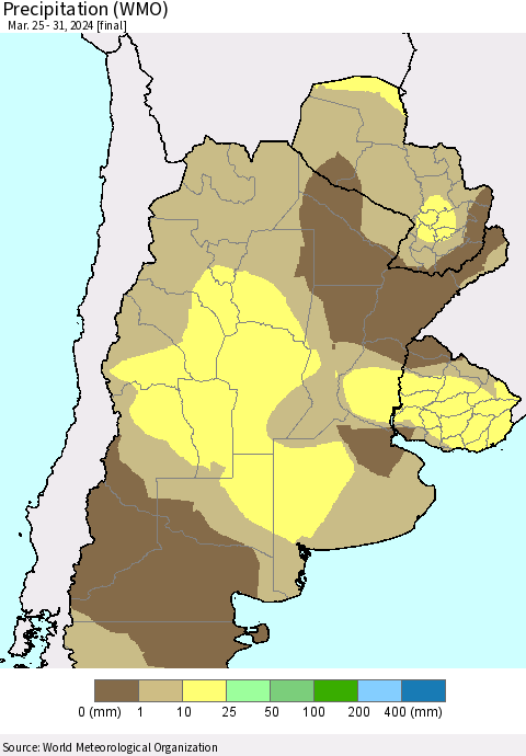 Southern South America Precipitation (WMO) Thematic Map For 3/25/2024 - 3/31/2024