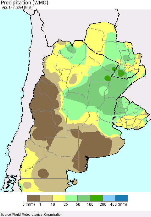 Southern South America Precipitation (WMO) Thematic Map For 4/1/2024 - 4/7/2024