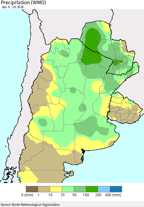 Southern South America Precipitation (WMO) Thematic Map For 4/8/2024 - 4/14/2024