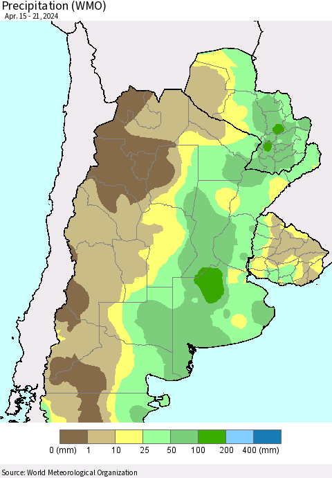 Southern South America Precipitation (WMO) Thematic Map For 4/15/2024 - 4/21/2024